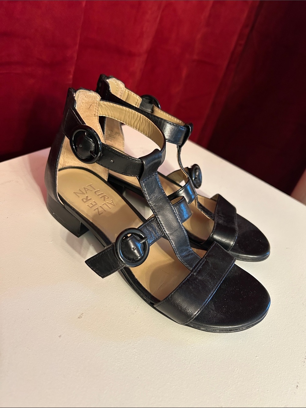 Naturalizer Black Strappy T-Bar Low Heel Sandals